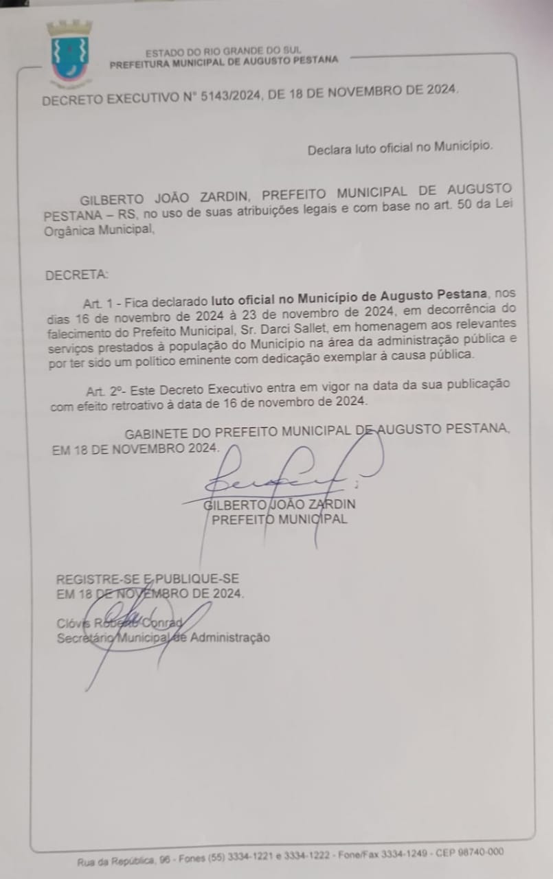 DECRETO DE LUTO OFICIAL PELO FALECIMENTO DO  PREFEITO DARCI SALLET